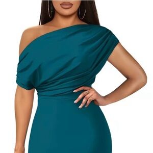 Elegant Peacock Blue Evening Gown